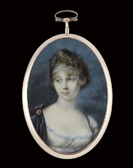Peter Edward Stroely - Princess Zinaida Aleksandrovna Belosel\'skaia-Belozerskaia (+ 1862), in white dress with blue embroidered border, purple silk cloak with pearl- set clasp, strings of pearls worn as a headband in her fair curling hair