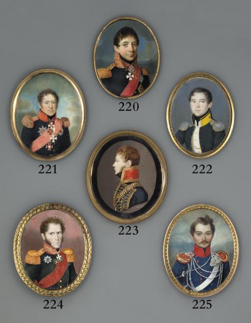 Peter Ernst Rockstuhl - Count Keller, in profile to left, in military uniform of black coat with gold lace and gold-bordered red collar, gold and black shoulder belt