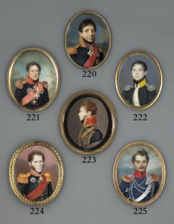 Peter Ernst Rockstuhl - Count Keller, in profile to left, in military uniform of black coat with gold lace and gold-bordered red collar, gold and black shoulder belt