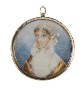 Peter Ernst Rockstuhl - Princess Natalia Vladimirovna Saltykova (1737-1812), in white dotted Swiss muslin dress with fine white lace stand collar, russet Cashmere shawl, lace-frilled bonnet secured with ribbons, brown curling hair