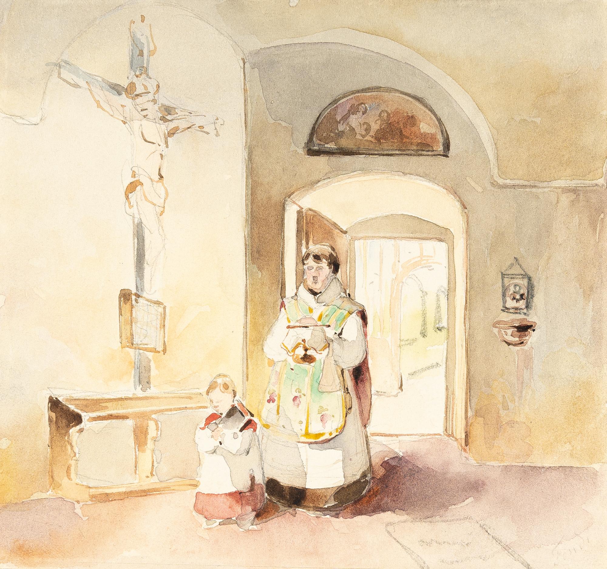 Peter Fendi - Vorhalle einer Kirche mit Kruzifix, Priester und Messknaben
