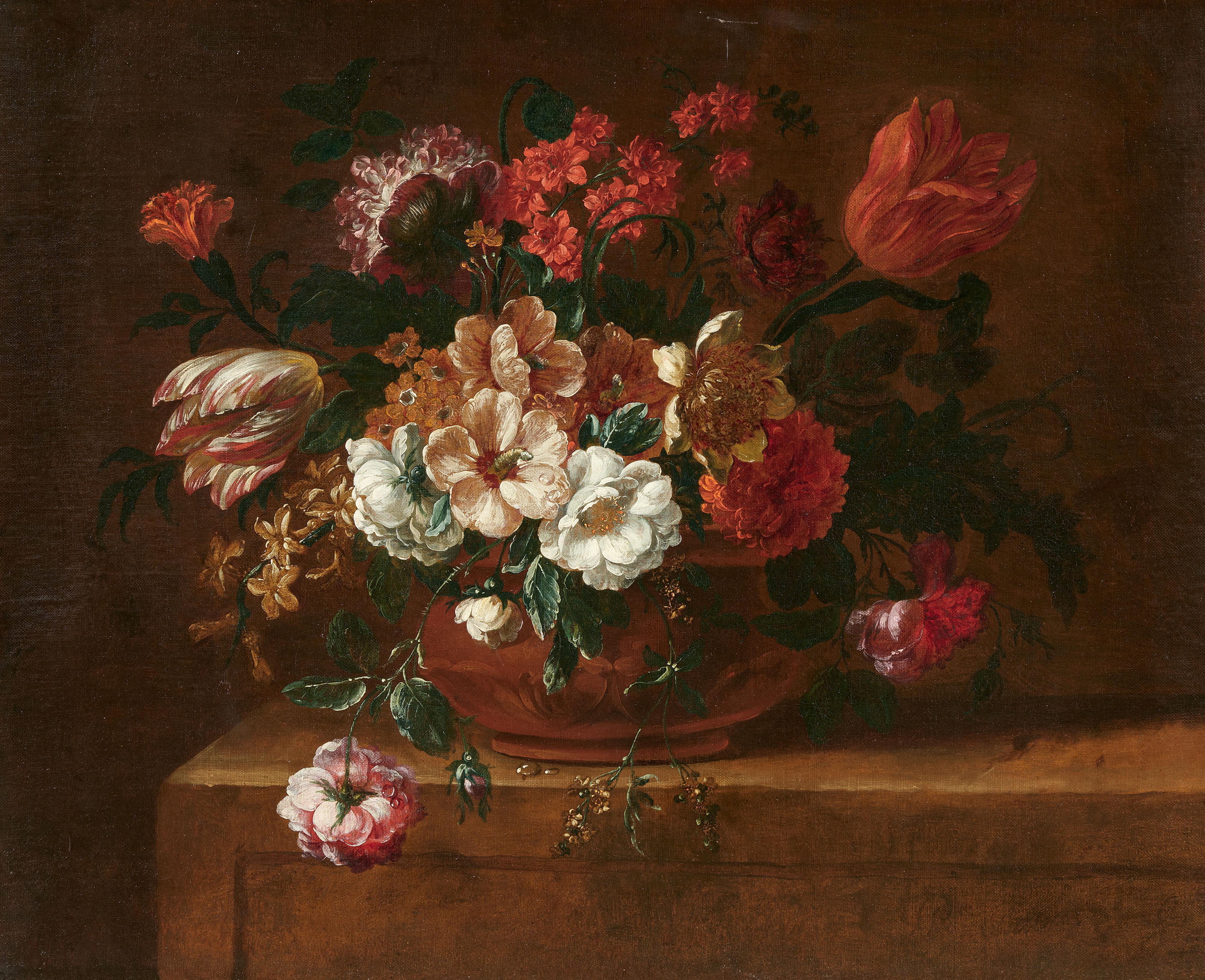 Peter Frans Casteels - Blumen in einer Vase auf einem Steinsockel