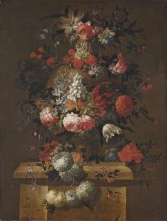 Peter Frans Casteels - Roses, Daffodils, Peonies, Lilies, A Tulip, Chrysanthemums And Other Flowers In A Sculpted Urn On A Stone Plinth