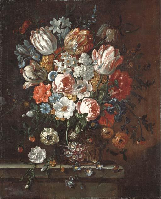Peter Frans Casteels - Roses, parrot tulips, an iris, narcissi and other flowers in a glass vase on a stone ledge