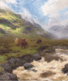 Peter Graham, R.A. - Highland cattle by a stream in full spate