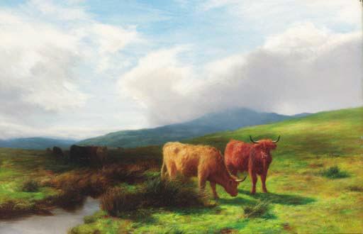 Peter Graham - Highland cattle by a burn