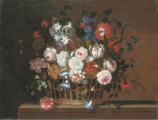 Peter Hardimé - Roses, tulips, morning glory, carnations, delphinium, primrose, narcissi and other flowers in a basket on a stone ledge