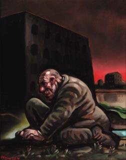 Peter Howson - Man kneeling before a disused building