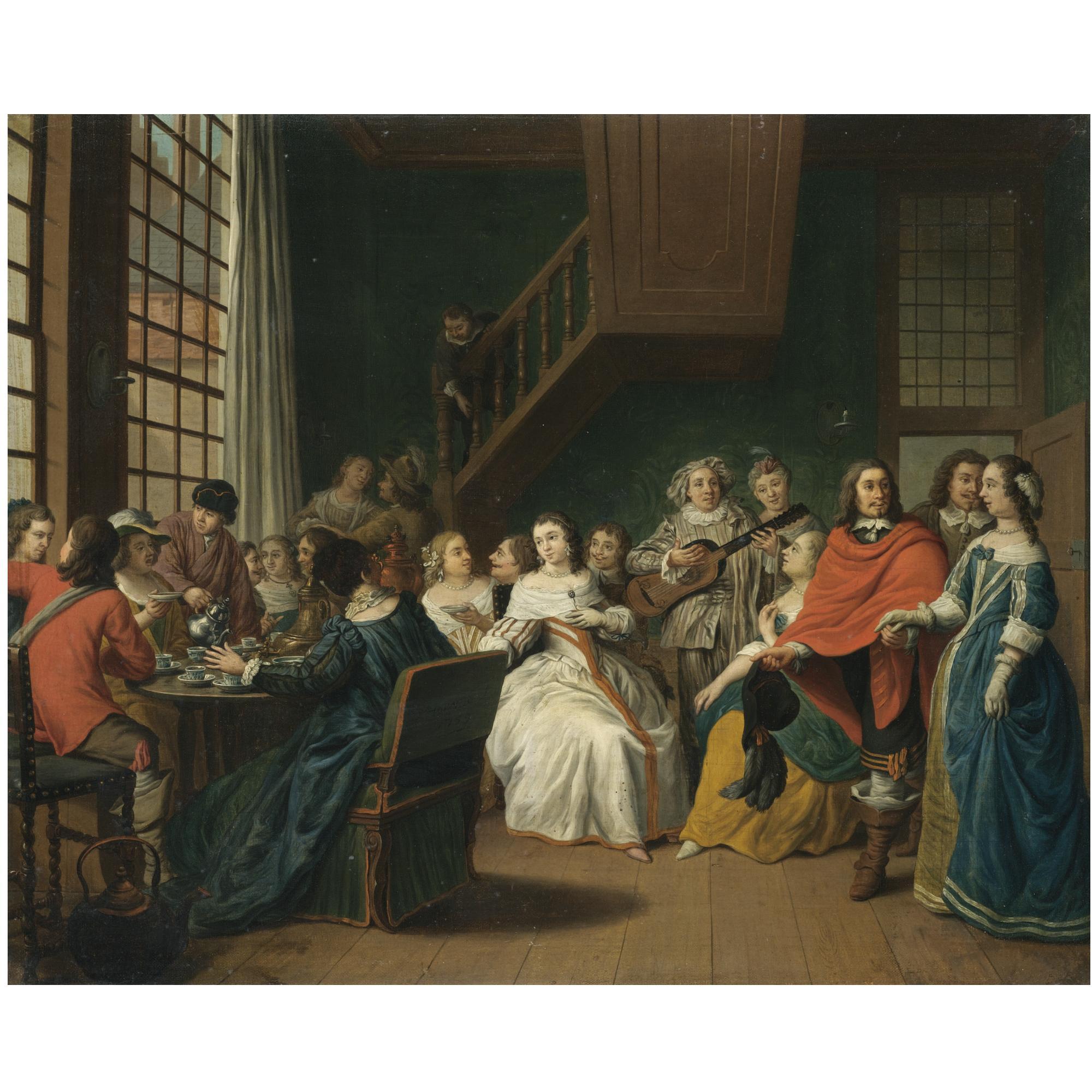 Peter Jacob Horemans - A Domestic Interior With Elegant Figures Taking Tea Before Others Performing A Play