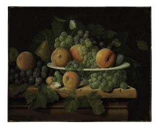 Peter Jacob Horemans - Peaches, grapes and a pear in a ceramic dish on a stone ledge with a pear, walnuts, butterflies and a fly