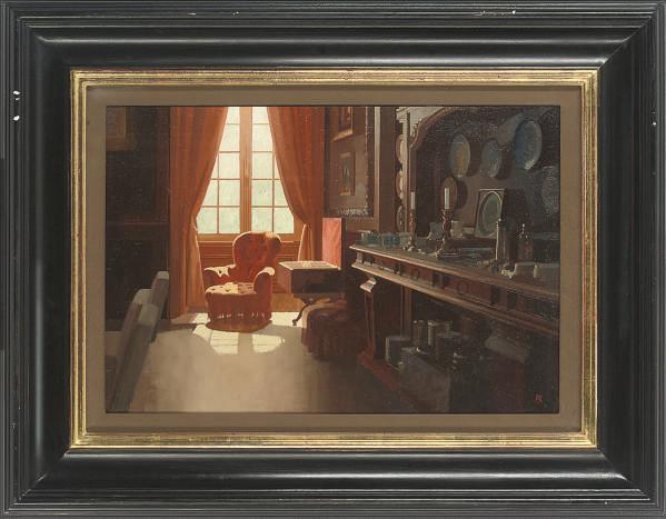 Peter Kelly, R.B.A. - Red curtains, Château Champ de Bataille, Normandy
