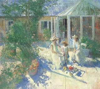 Peter Kuhfeld R.P., N.E.A.C. - Figures on a Conservatory Patio