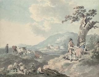 Peter La Cave - Figures In A Landscape With Cattle Beyond; And Figures By The Sea With A Donkey
