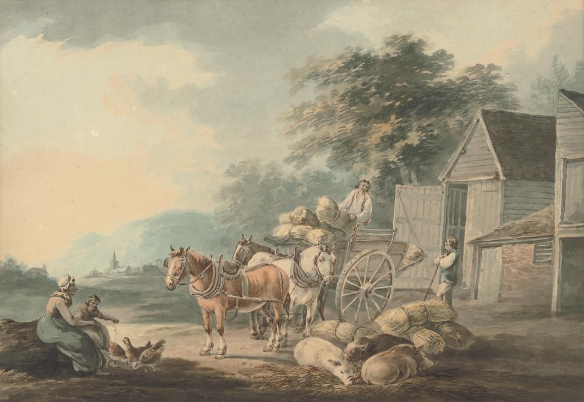 Peter La Cave - Loading the wagon (illustrated); and Figures conversing on the foreshore