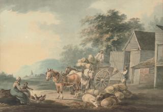 Peter La Cave - Loading the wagon (illustrated); and Figures conversing on the foreshore