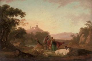 Peter Le Cave - A wooded river landscape with figures and cattle in the foreground, ruins on a hill beyond