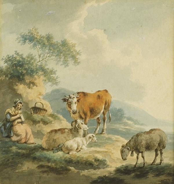Peter Le Cave - A young maiden in a landscape with cattle and sheep