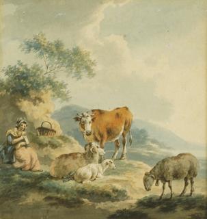 Peter Le Cave - A young maiden in a landscape with cattle and sheep