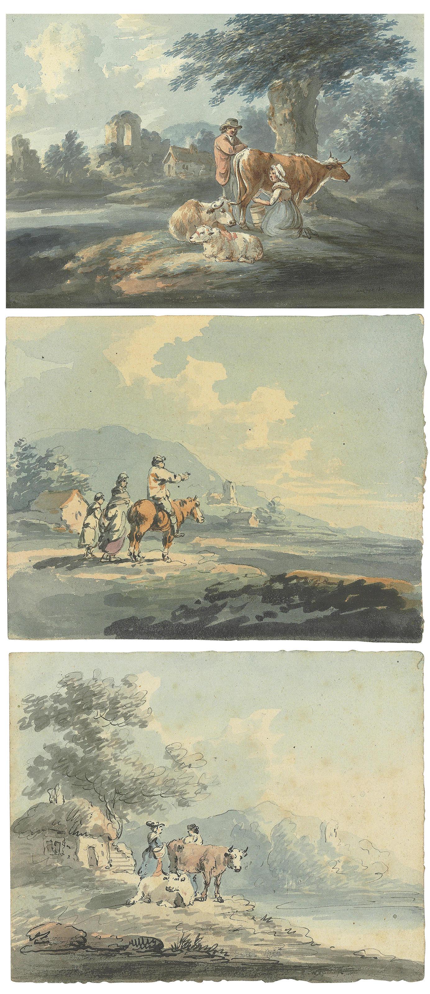 Peter Le Cave - Figures and cattle in a wooded landscape, a ruin beyond