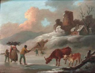Peter le Cave - Figures and cattle on a frozen lake