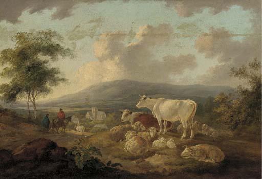 Peter Le Cave - Figures on a track returning to a village, cattle and sheep in the foreground