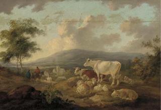 Peter Le Cave - Figures on a track returning to a village, cattle and sheep in the foreground