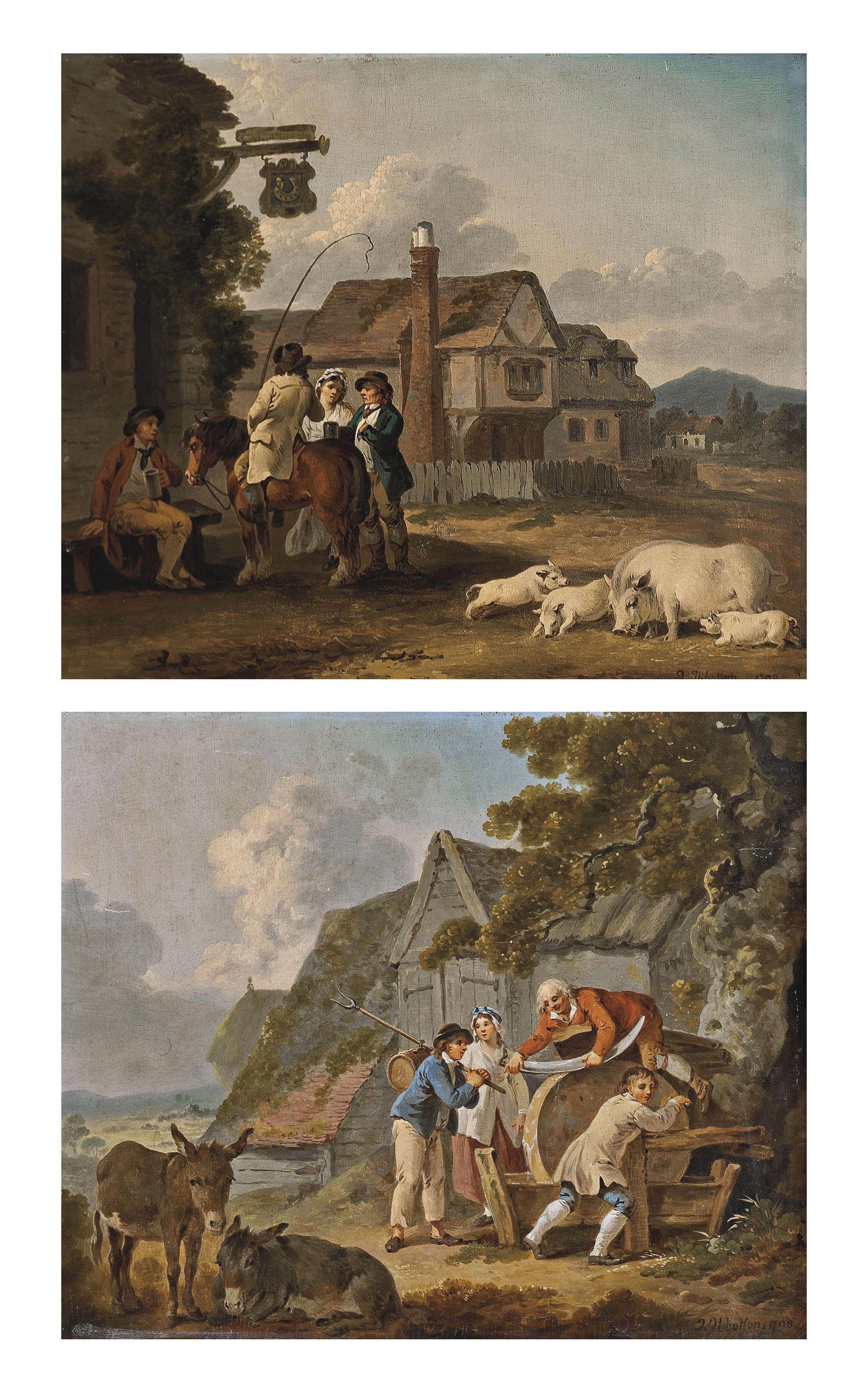 Peter Le Cave - Figures outside an inn, with a sow and piglets, houses beyond; and Figures sharpening a scythe, with two donkeys, farm buildings beyond