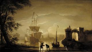 Peter Monamy - A Man-O\'War Preparing To Set Sail From An English Port By Moonlight