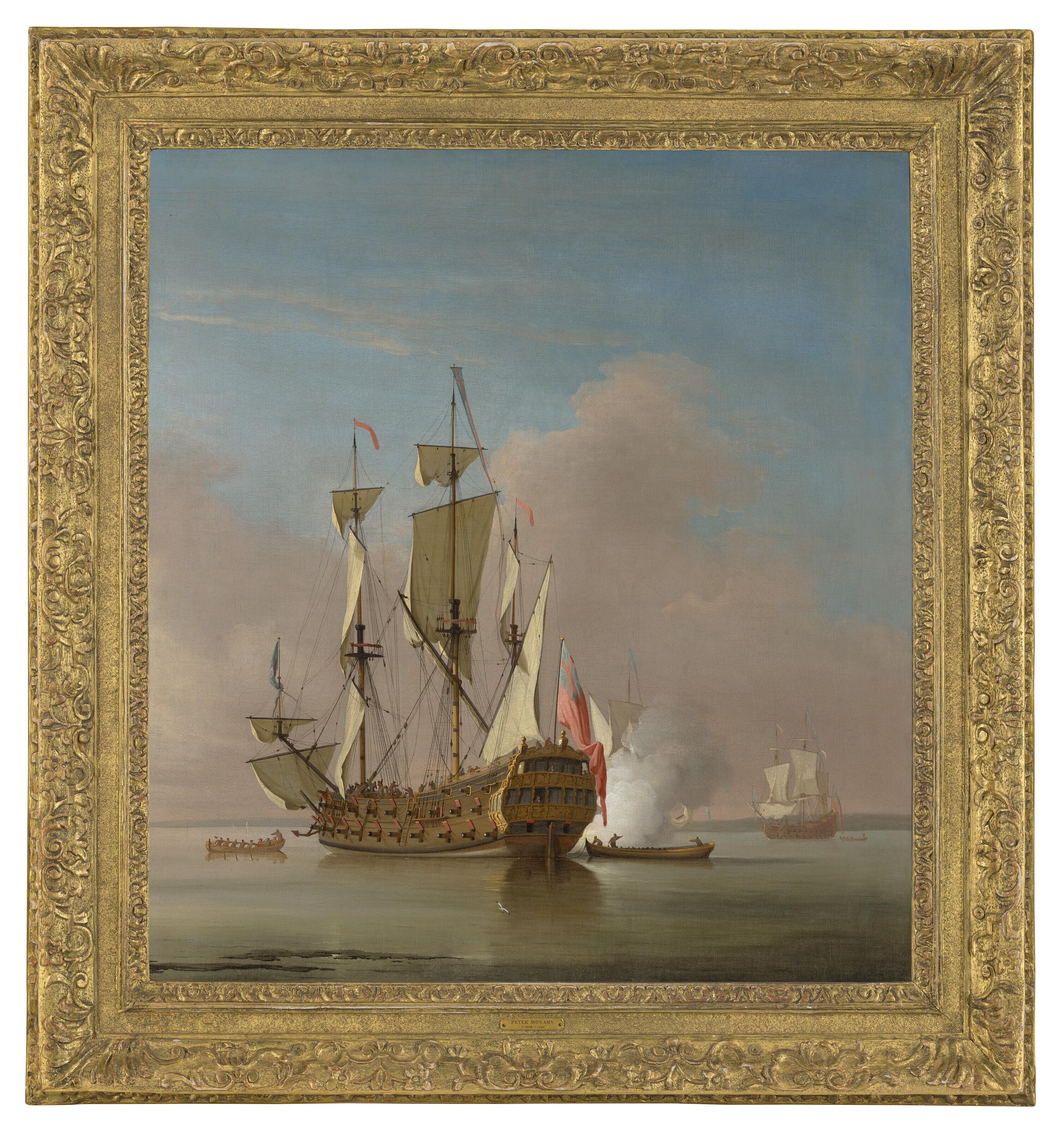 Peter Monamy - A Royal Navy 46-gun Man-o-war firing a salute in a calm sea