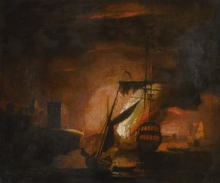 Peter Monamy - A Ship On Fire At Night
