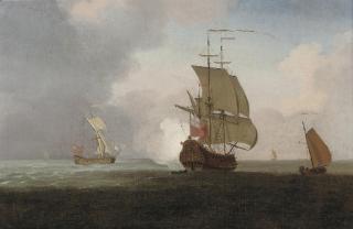 Peter Monamy - A two-decker announcing her arrival at the anchorage, with an Admiralty yacht running out to meet her