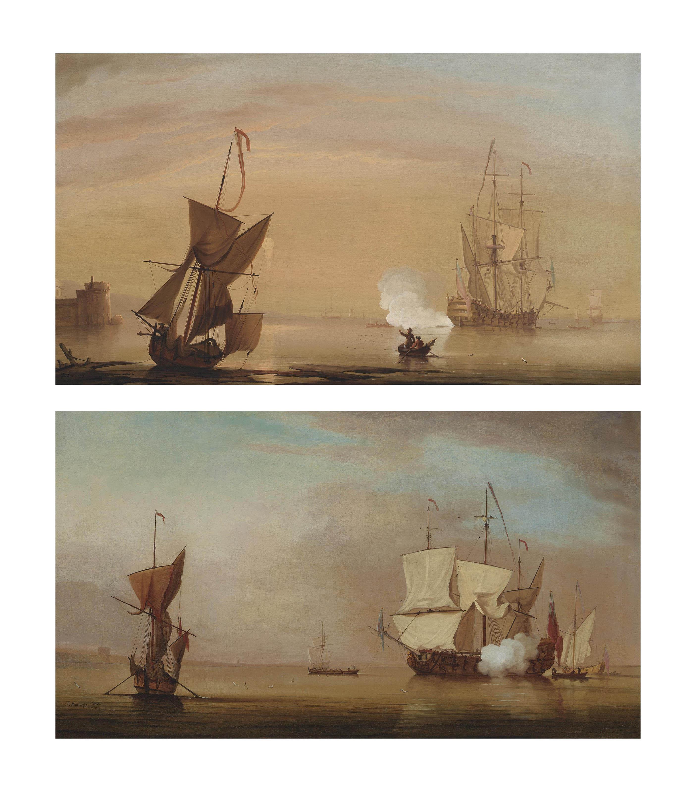 Peter Monamy - A two-decker announcing its departure from a fortified anchorage; and A Royal Navy two-decker saluting the departure of an Admiral (both illustrated)
