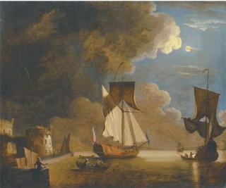 Peter Monamy - An Admiralty yacht off a fortified port by moonlight