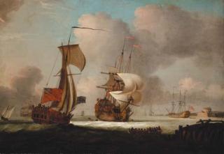 Peter Monamy - An Admiralty yacht running out to meet a newly-arrived man-o\'war at her anchorage