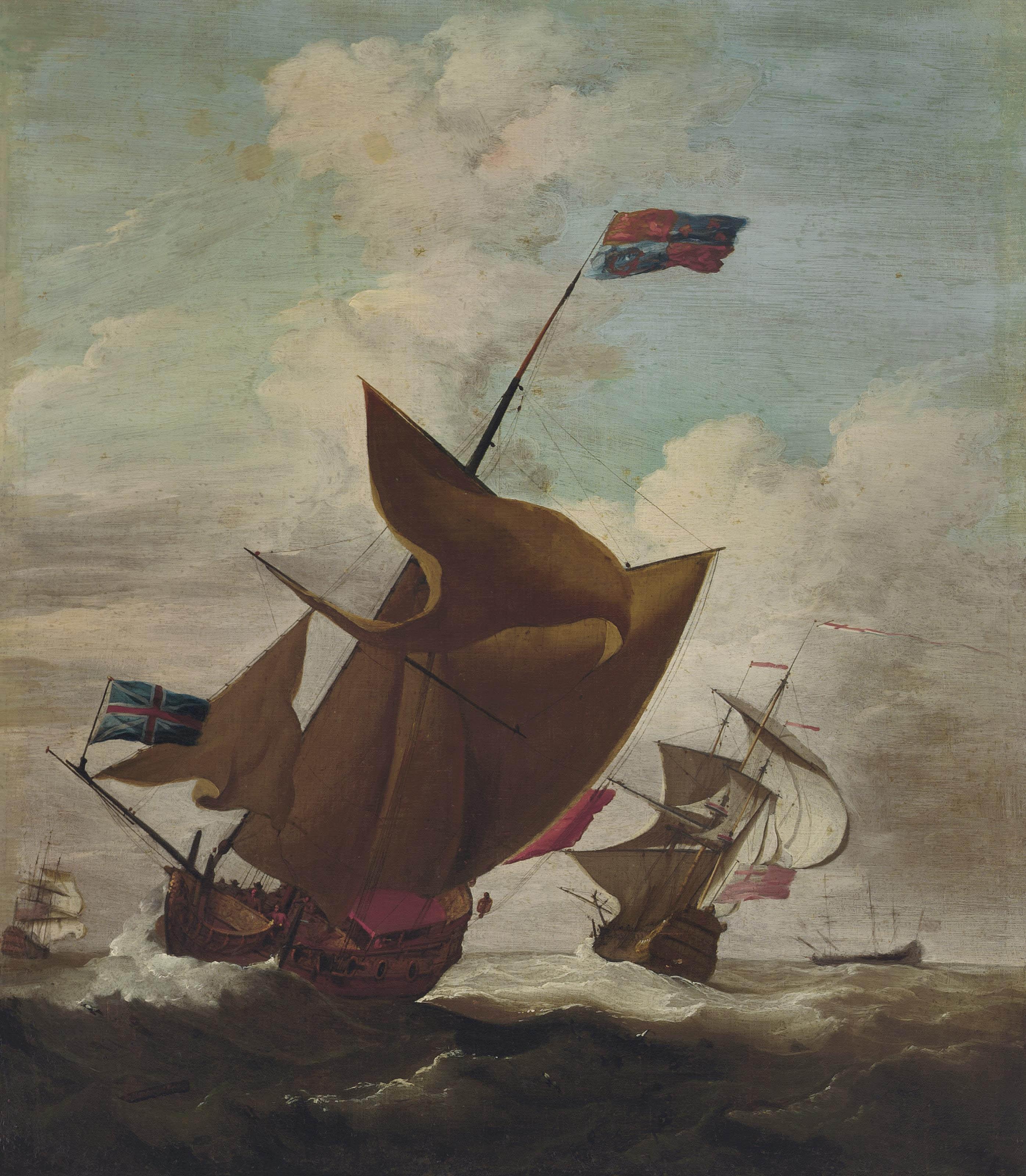 Peter Monamy - An English Royal Yacht, with the Lord High Admiral, Prince George (husband of Queen Anne, 1653-1708) aboard, amidst escorting warships in a stiff breeze possibly en route to Denmark, the Prince\'s home