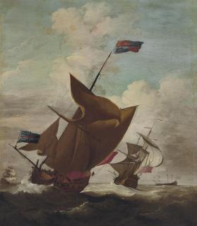 Peter Monamy - An English Royal Yacht, with the Lord High Admiral, Prince George (husband of Queen Anne, 1653-1708) aboard, amidst escorting warships in a stiff breeze possibly en route to Denmark, the Prince\'s home