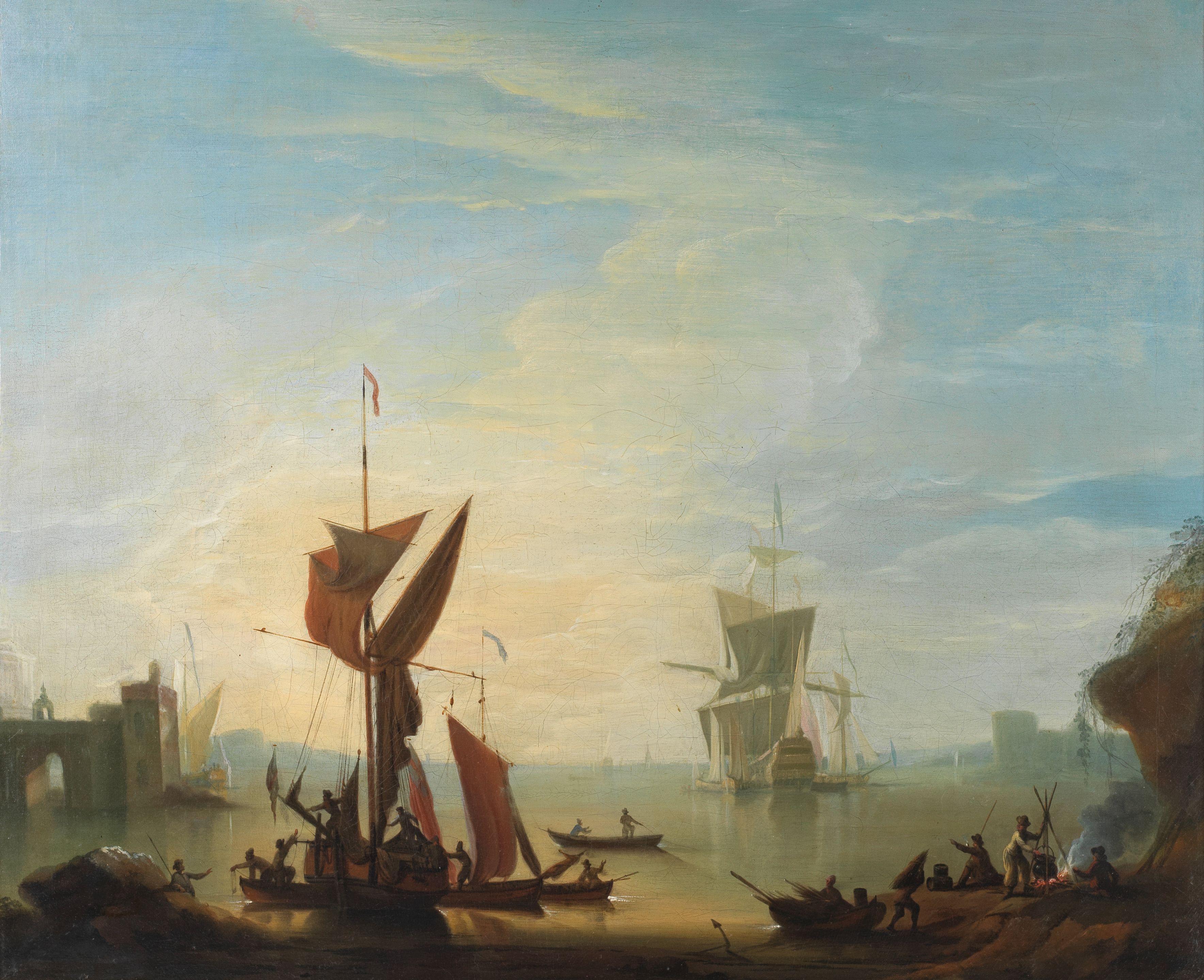 Peter Monamy - British warship lying off a fortified Mediterranean port