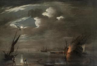 Peter Monamy - Caulking ship by moonlight at the Nore
