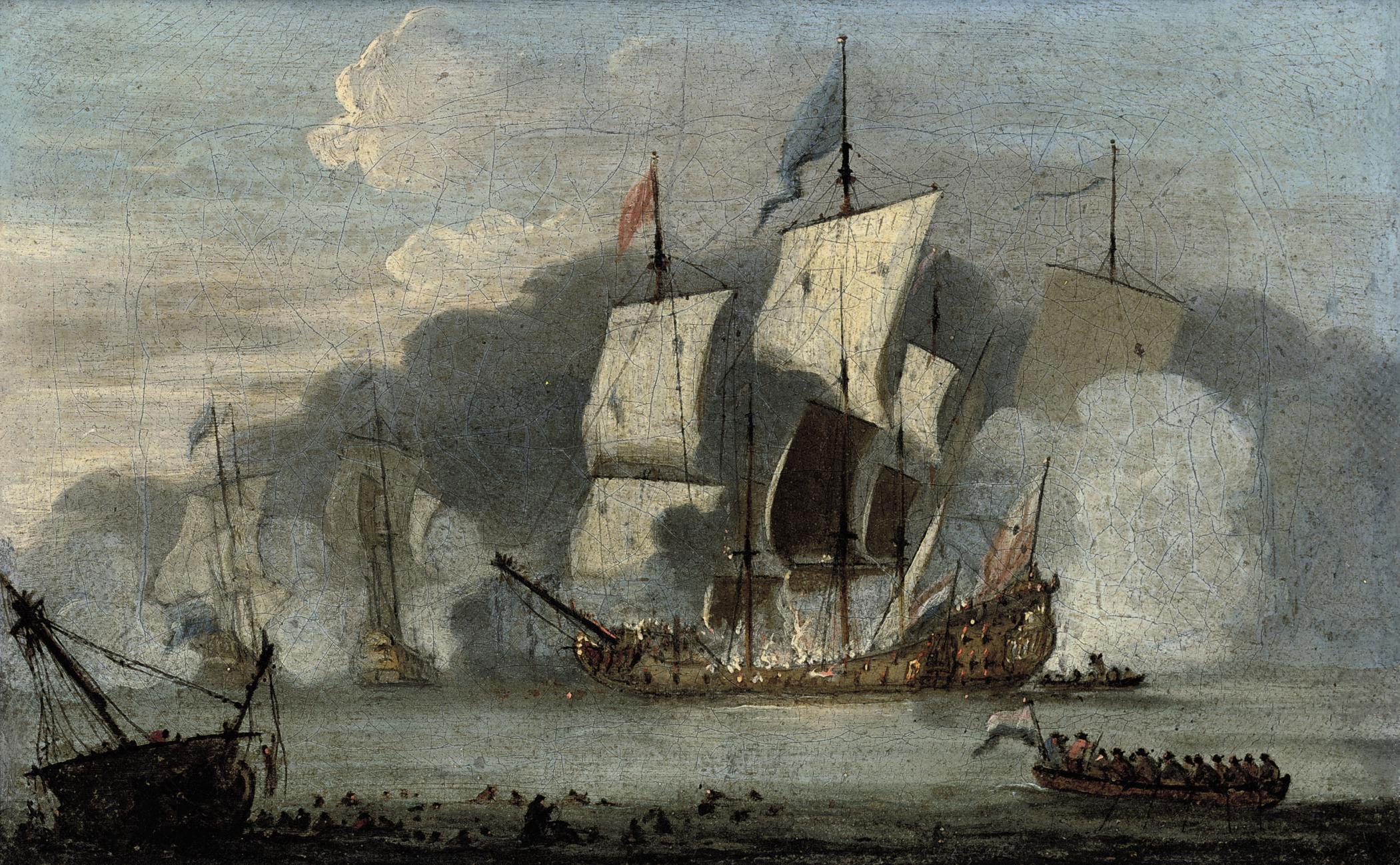 Peter Monamy - The battle of Solebay, 28th May 1672 (illustrated); and Unloading barges at low tide at dusk