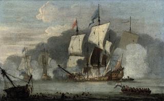 Peter Monamy - The battle of Solebay, 28th May 1672 (illustrated); and Unloading barges at low tide at dusk