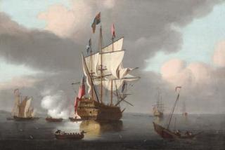 Peter Monamy - The flagship at anchor and firing an Admiral\'s salute