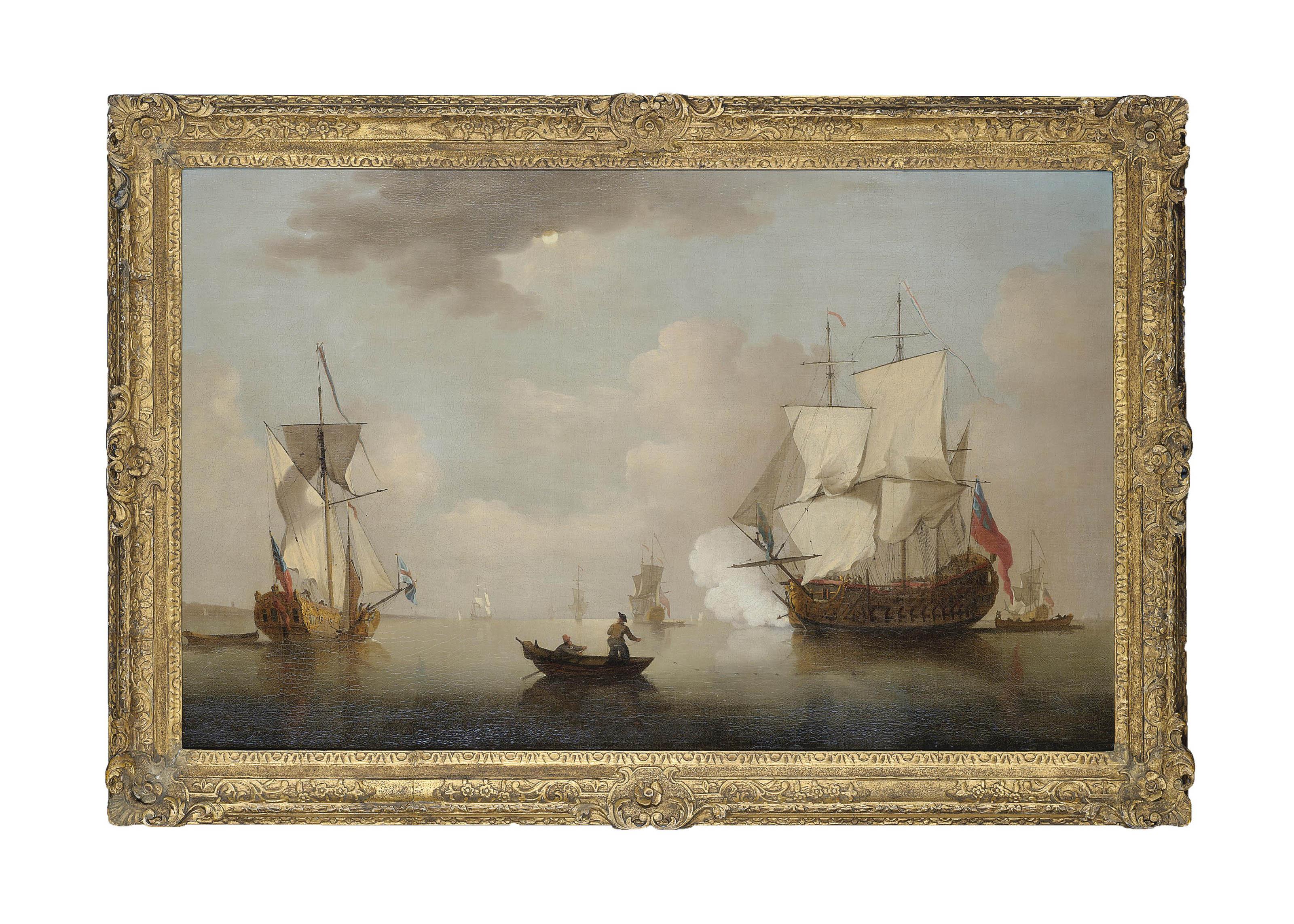 Peter Monamy - The flagship firing a salute as she leaves the anchorage, with a Royal Yacht making ready to depart