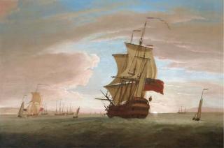 Peter Monamy - The flagship joining the fleet at its anchorage at sunset, probably the Medway