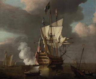 Peter Monamy - The flagship Royal Sovereign saluting at the Nore