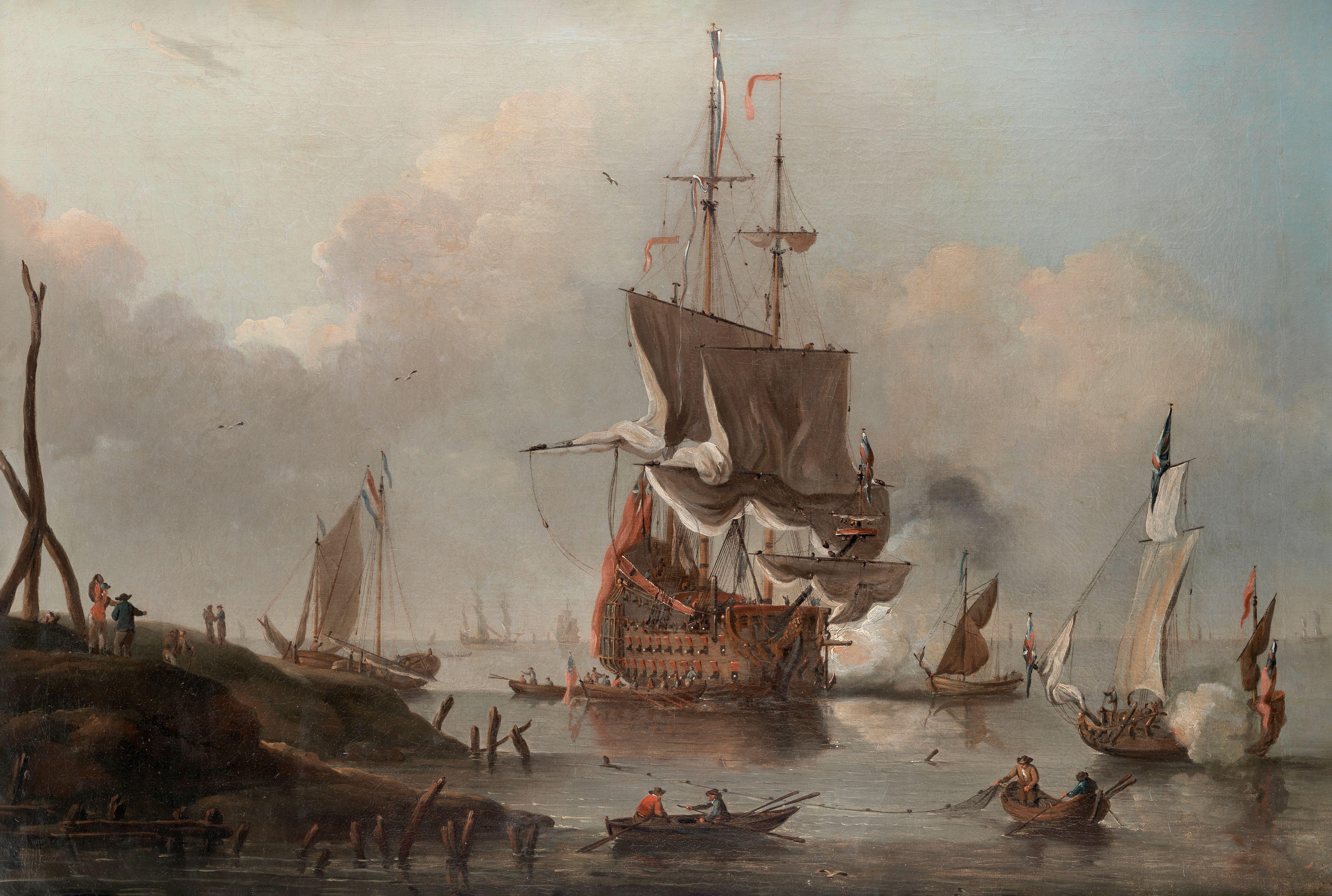 Peter Monamy - The venerable HMS Eagle making ready to sail from her offshore anchorage, probably at the Nore