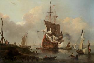 Peter Monamy - The venerable HMS Eagle making ready to sail from her offshore anchorage, probably at the Nore