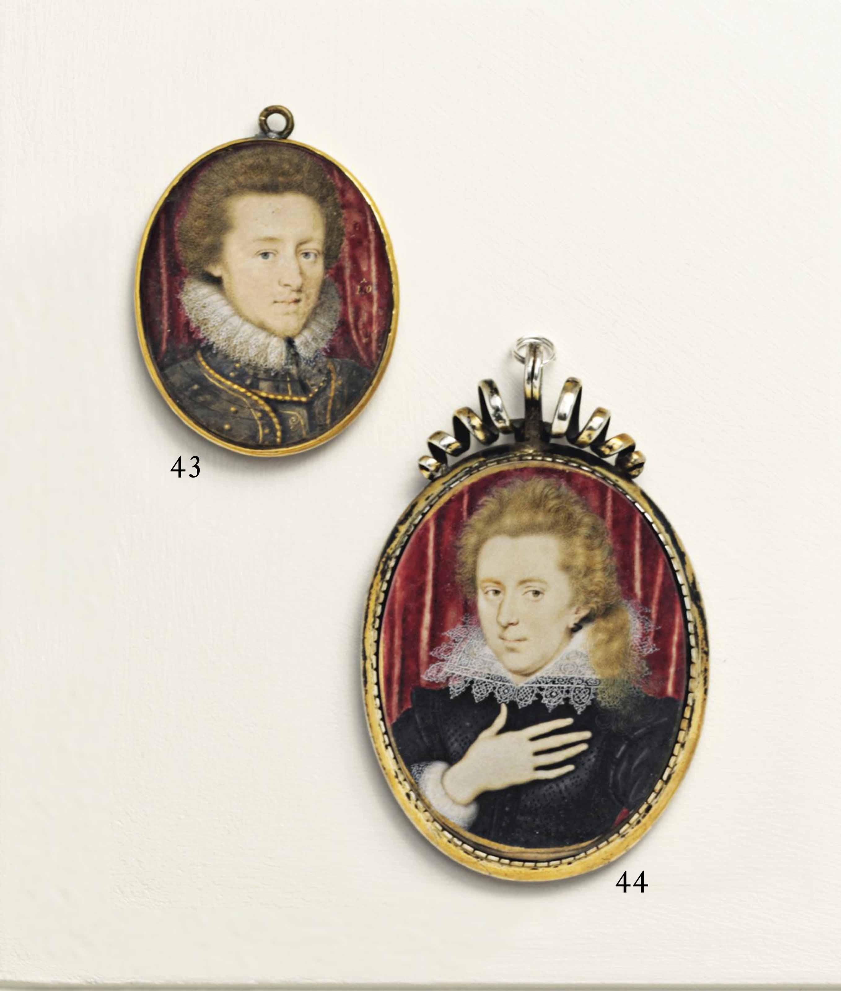 Peter Oliver - A Gentleman, In Gold-Studded Armour And Lace Ruff; Red Curtain Background