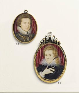 Peter Oliver - A Gentleman, In Gold-Studded Armour And Lace Ruff; Red Curtain Background