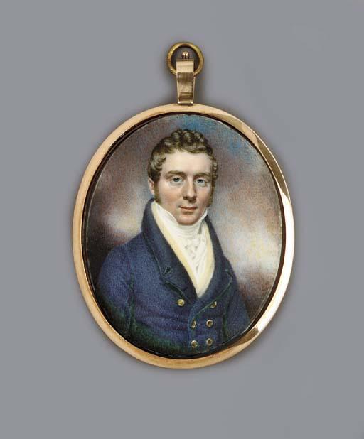 Peter Paillou - A young gentleman, facing right in blue coat with gold buttons, yellow waistcoat and checked white waistcoat, tied cravat