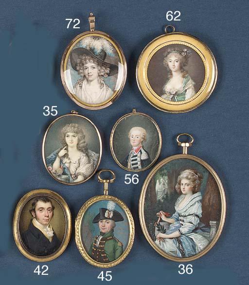 Peter Paillou - A young lady, in a white dress with white underslip, wearing a large black hat with blue-tipped white plumbs on her powdered curling hair; sky background